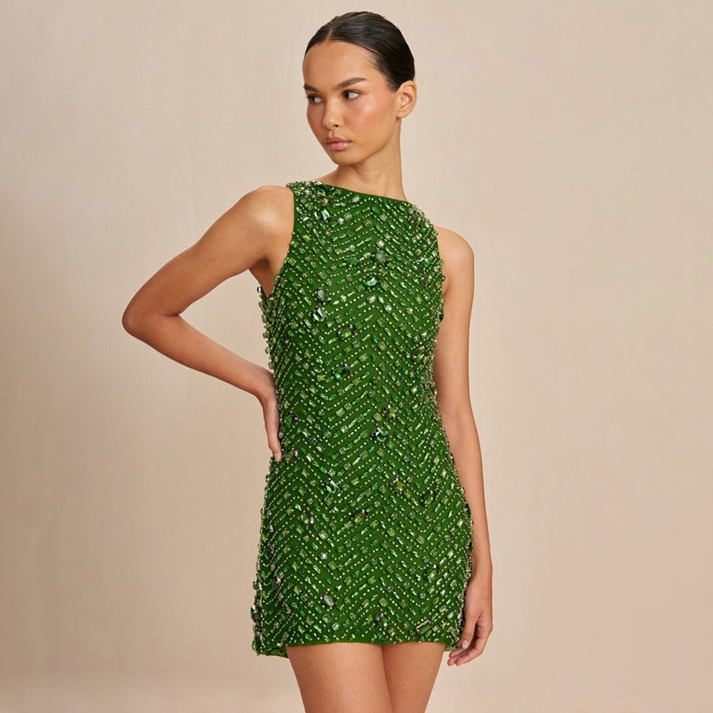 Women'S Formal Dinner Wear - 녹색 라인스톤 자수 민소매 여성 미니