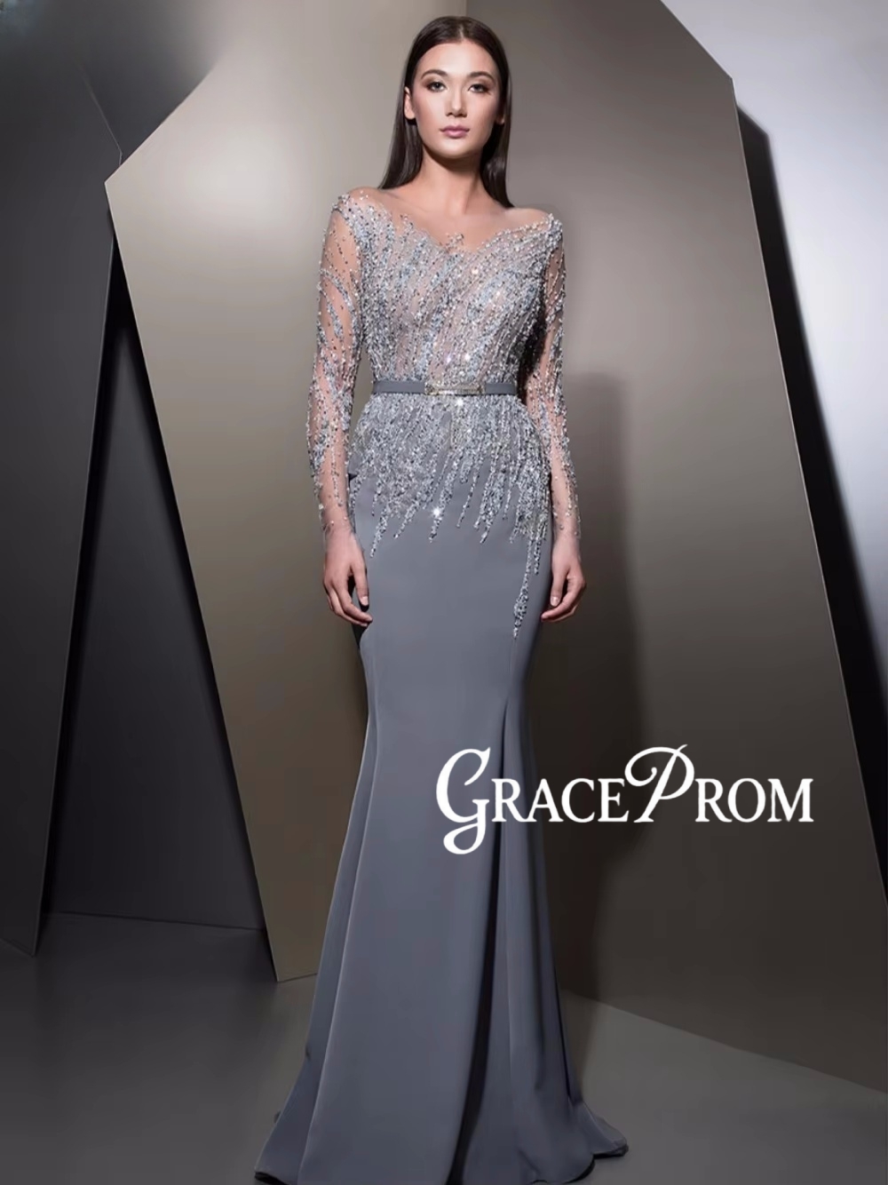 Women'S Formal Dinner Wear - 그레이스프롬 일루전 롱 슬리브 이브닝 드레스