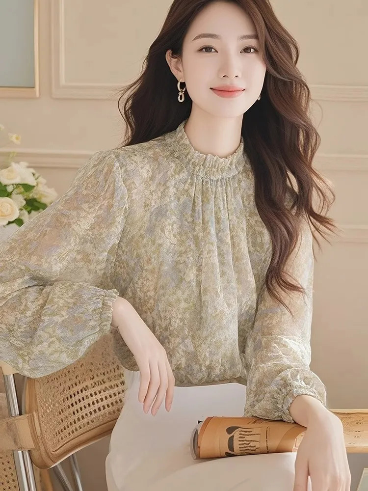 Women Formal Wear Korean - 여성용 긴팔 새틴 플리츠 버튼다운 탑