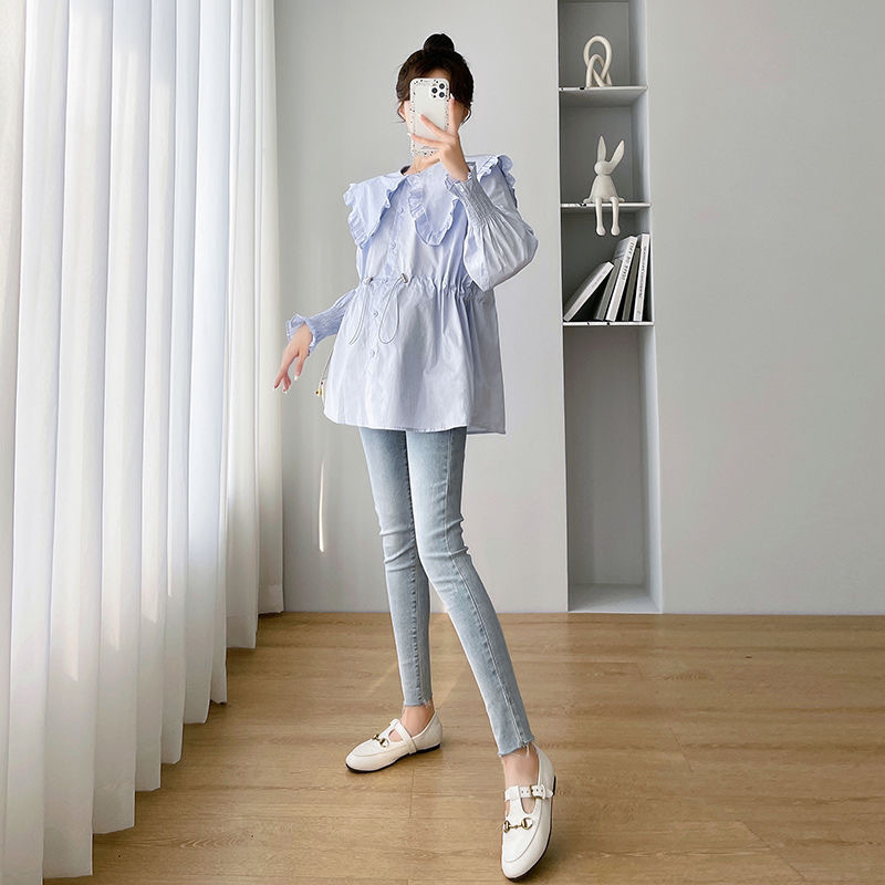 Women Formal Wear Korean - 긴팔 셔츠 여성용 코튼 플래드 버튼다운