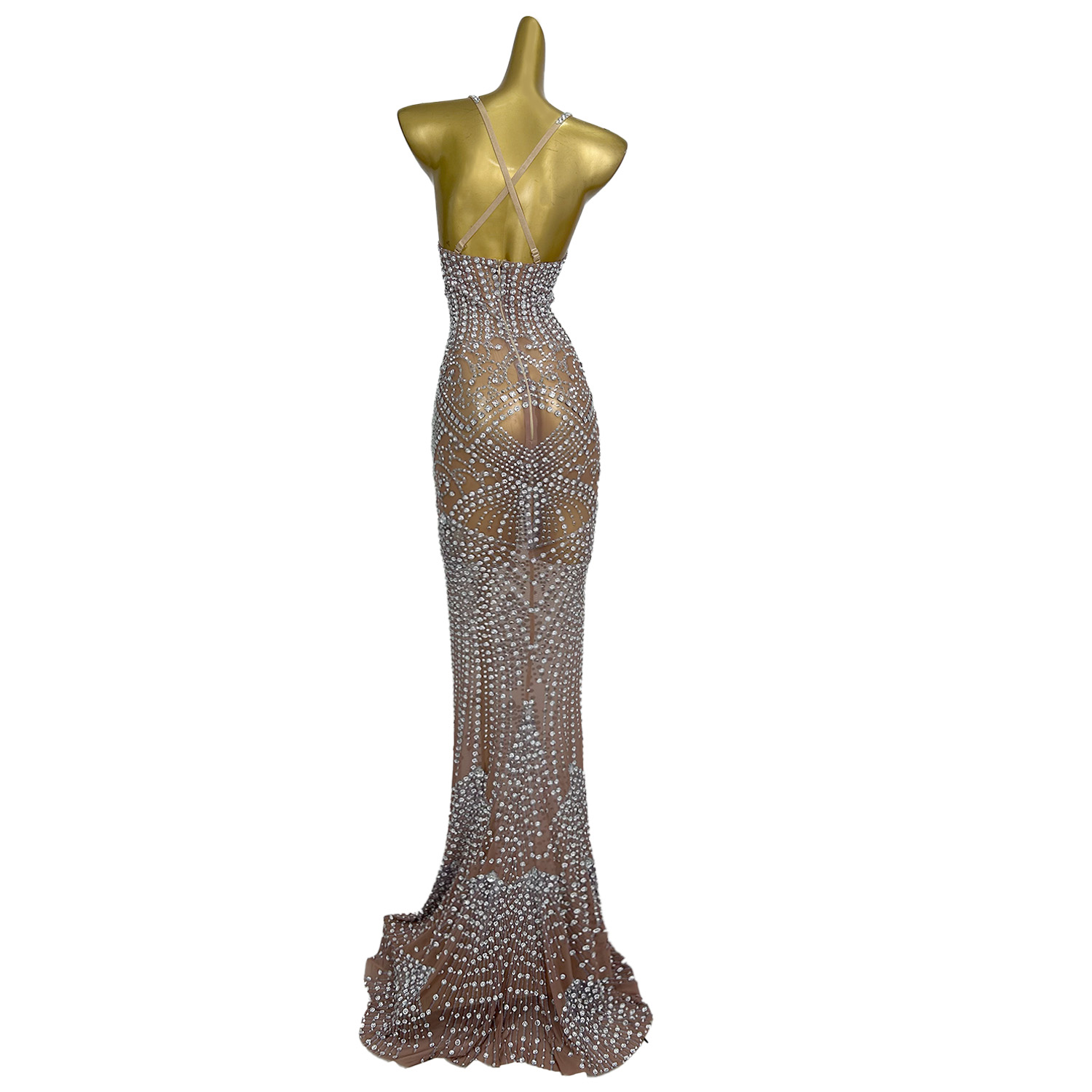 Women'S Formal Dinner Wear - 섹시 시스루 연회 파티 라인스톤 롱