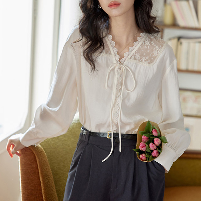 Women Formal Wear Korean - 긴 소매 셔츠 여성 새틴 스탠드