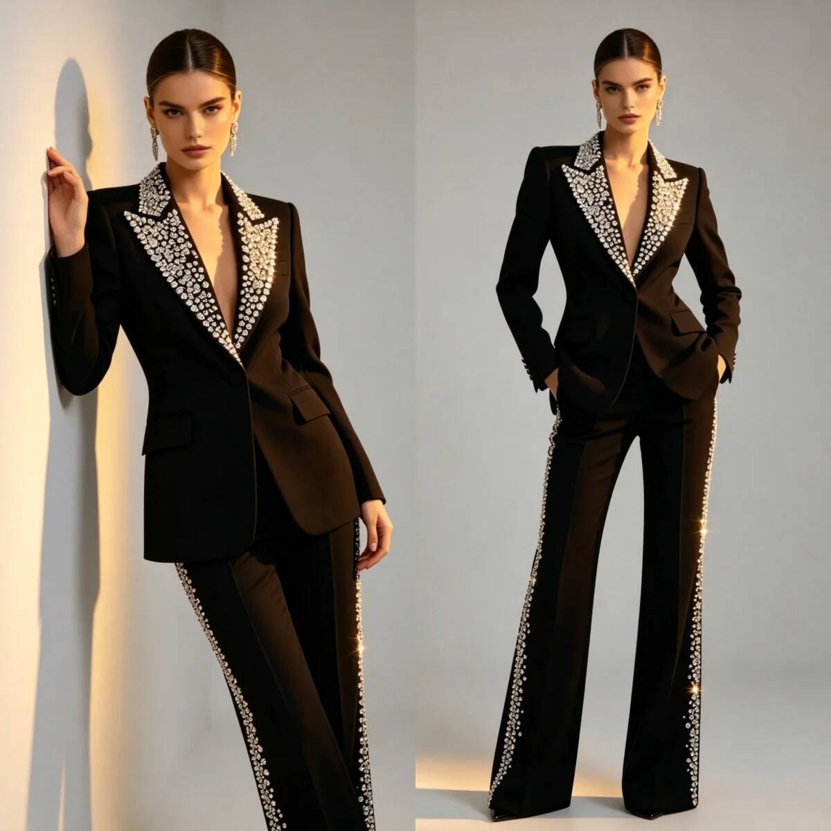 Women Formal Wear For Plus Size - 패션 크리스탈 2피스 수트 피크드 라펠