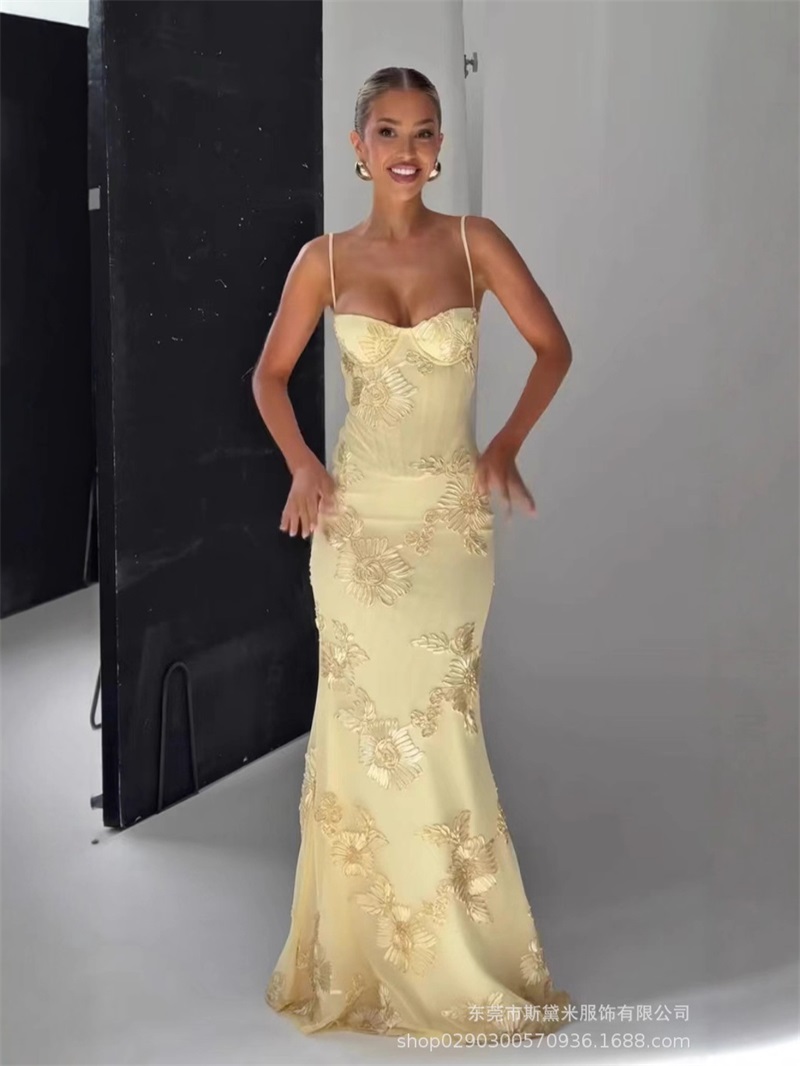 Yellow Formal Wear Women - 노란색 자수 여성 프롬 드레스 섹시