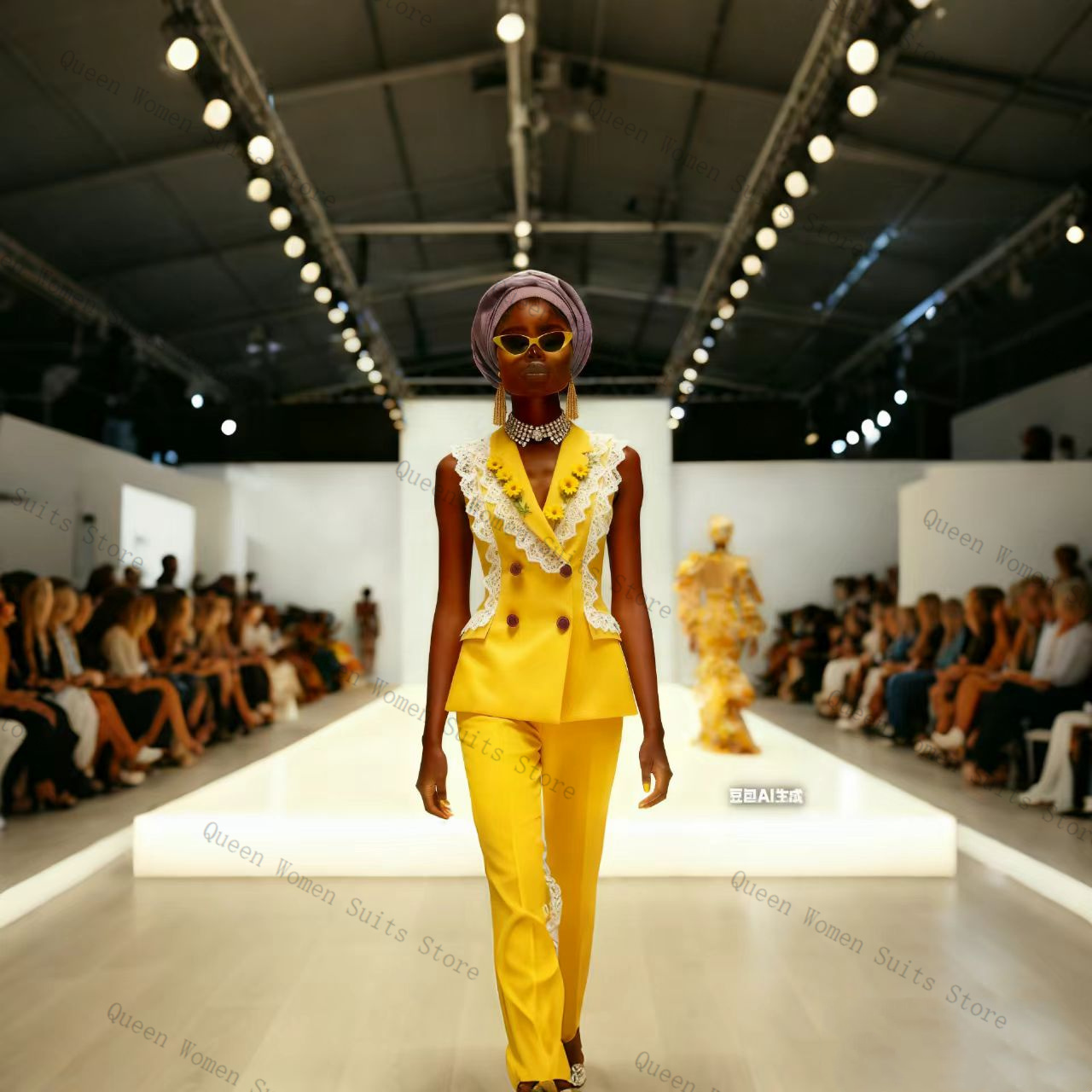 Yellow Formal Wear Women - 노란색 흰색 레이스 여성 정장 바지