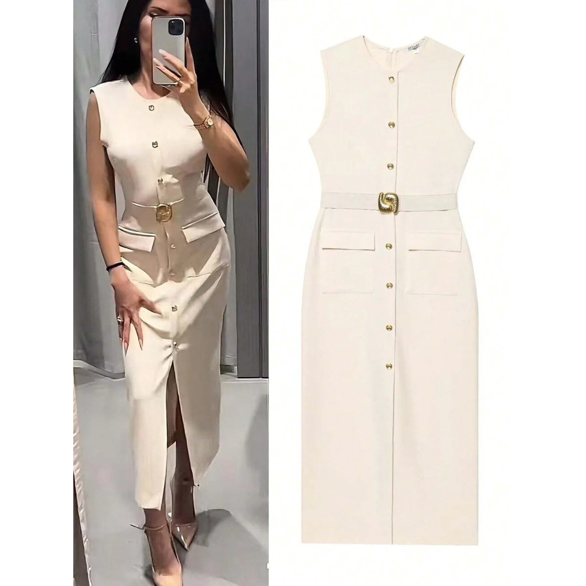 Women'S Formal Dinner Wear - 여성용 민소매 크루넥 단색 허리 조임