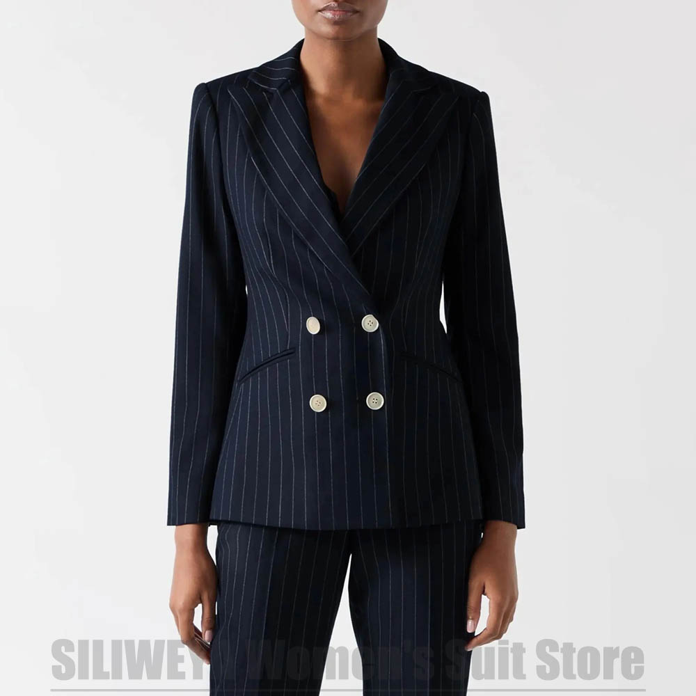 Women Formal Wear For Meeting - 여성 네이비 블루 스트라이프 수트 더블