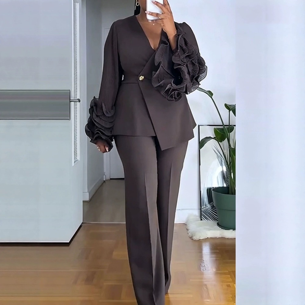 Women Formal Wear Set - 여성용 2피스 팬츠 슈트 딥-V 러플