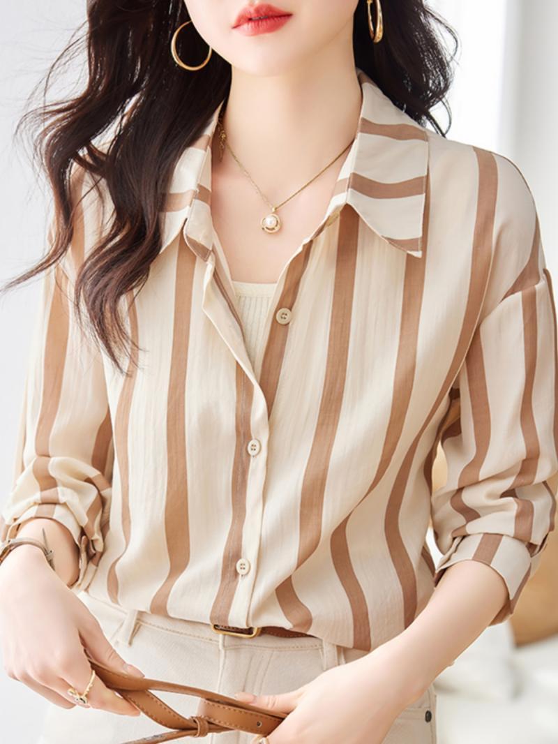 Women Formal Wear Shirts - 여성용 살구색 스트라이프 긴팔 셔츠, 고급
