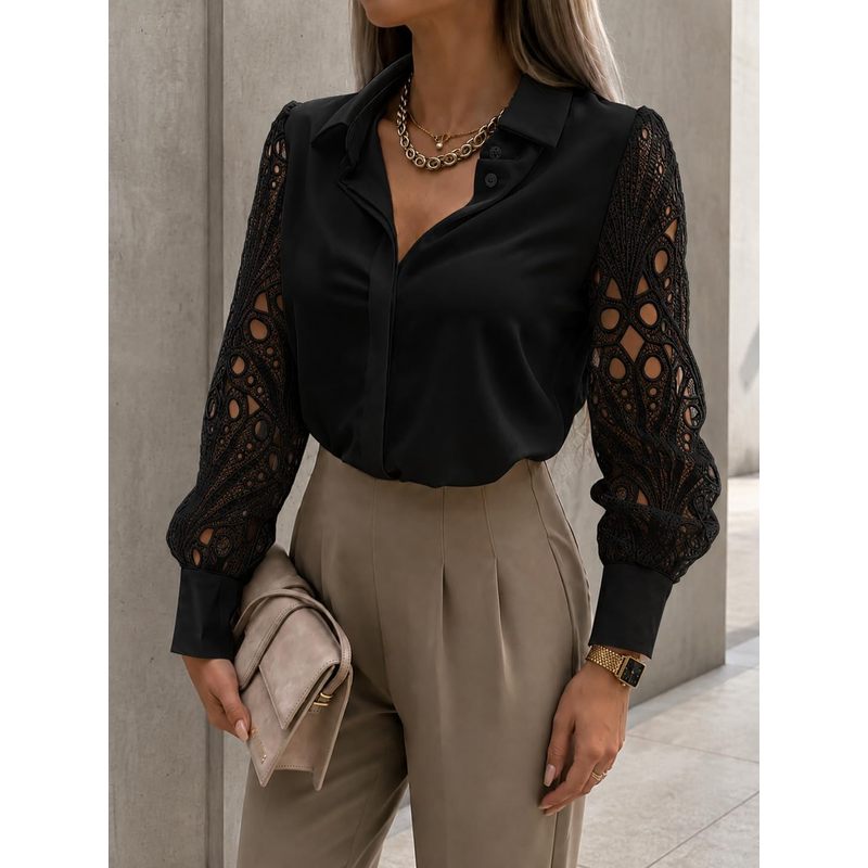 Women Formal Wear For Meeting - 여성용 버튼다운 새틴 블라우스, 속이 비치는