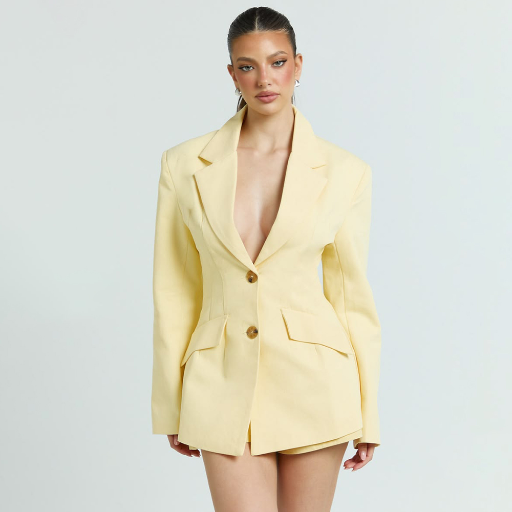 라이트 옐로우 여성용 2피스 수트 세트 노치드 라펠 싱 - Yellow Formal Wear Women 리뷰 및 가격