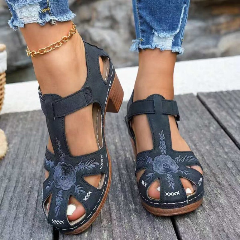 여성용 샌들 미드 블록 힐 꽃무늬 자수 컷아웃 오픈 토 - Women Formal Wear Footwear 리뷰 및 가격