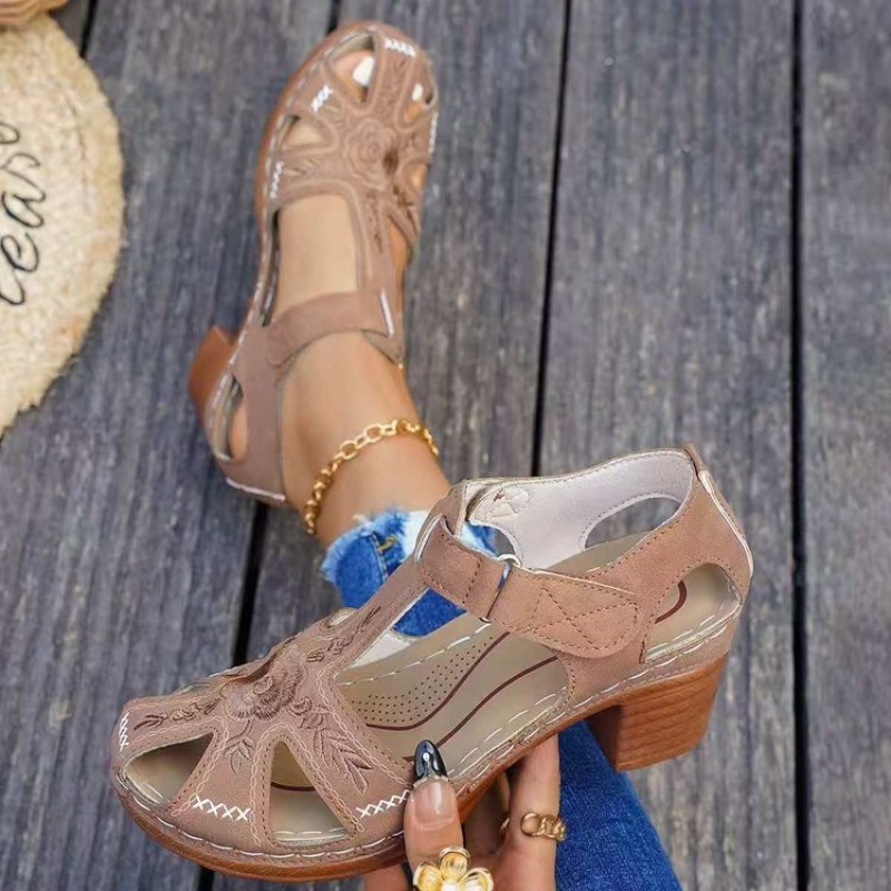 여성용 샌들 미드 블록 힐 꽃무늬 자수 컷아웃 오픈 토 - Women Formal Wear Footwear 리뷰 및 가격