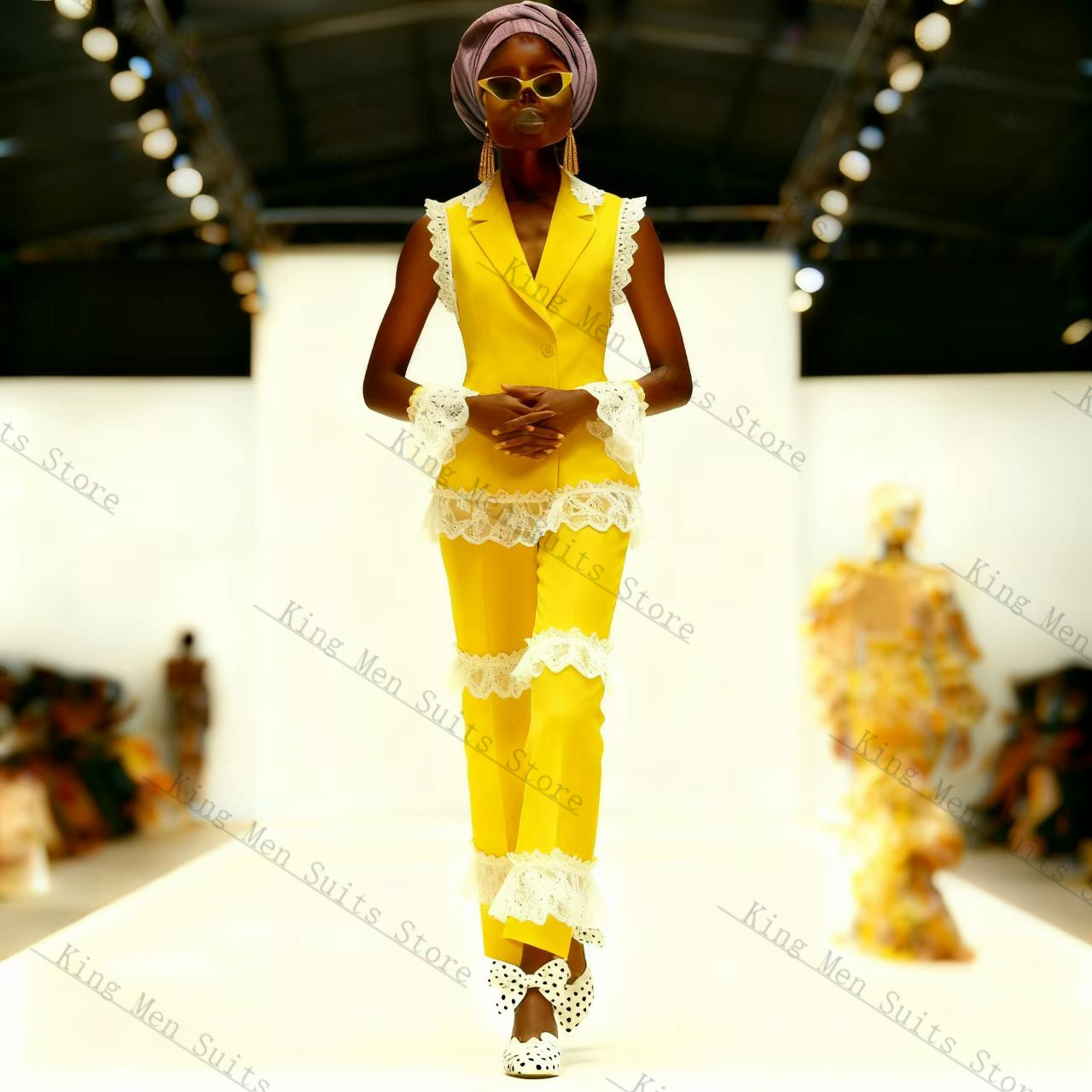 노란색 흰색 레이스 여성 정장 세트 2피스 조끼+바지  - Yellow Formal Wear Women 리뷰 및 가격