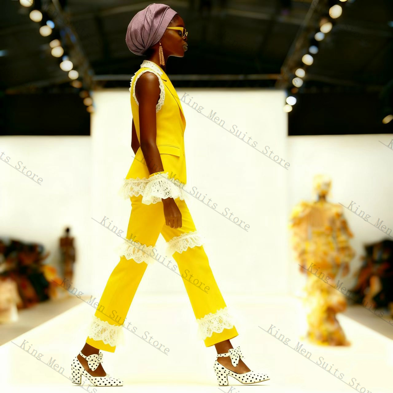 노란색 흰색 레이스 여성 정장 세트 2피스 조끼+바지  - Yellow Formal Wear Women 리뷰 및 가격