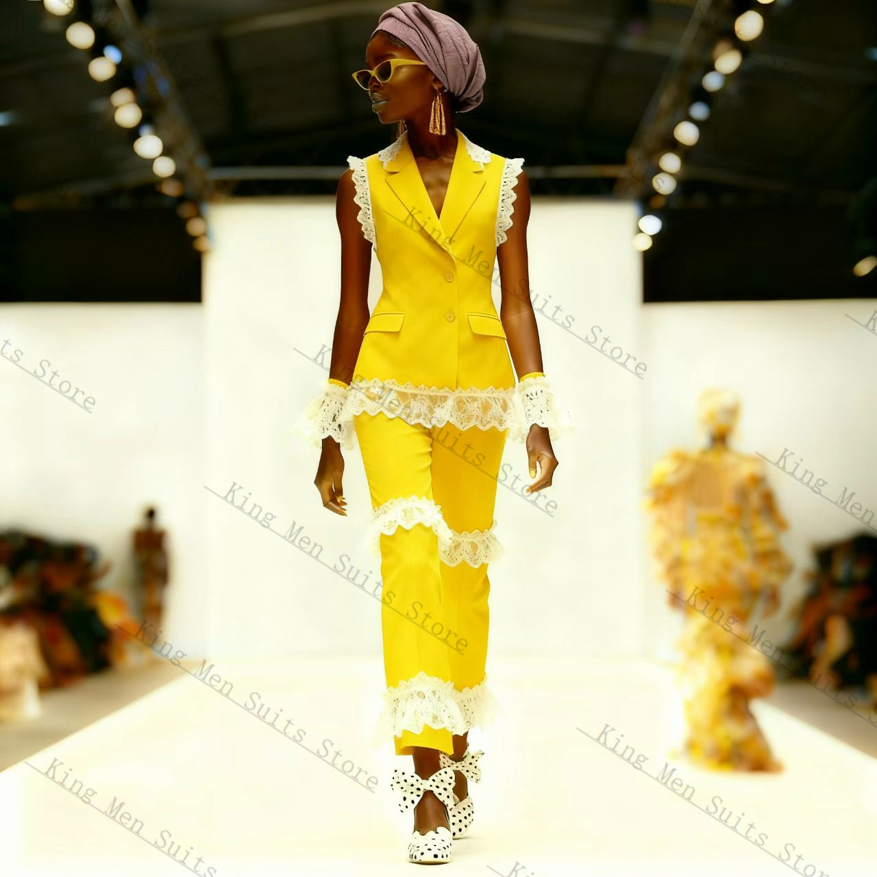 노란색 흰색 레이스 여성 정장 세트 2피스 조끼+바지  - Yellow Formal Wear Women 리뷰 및 가격