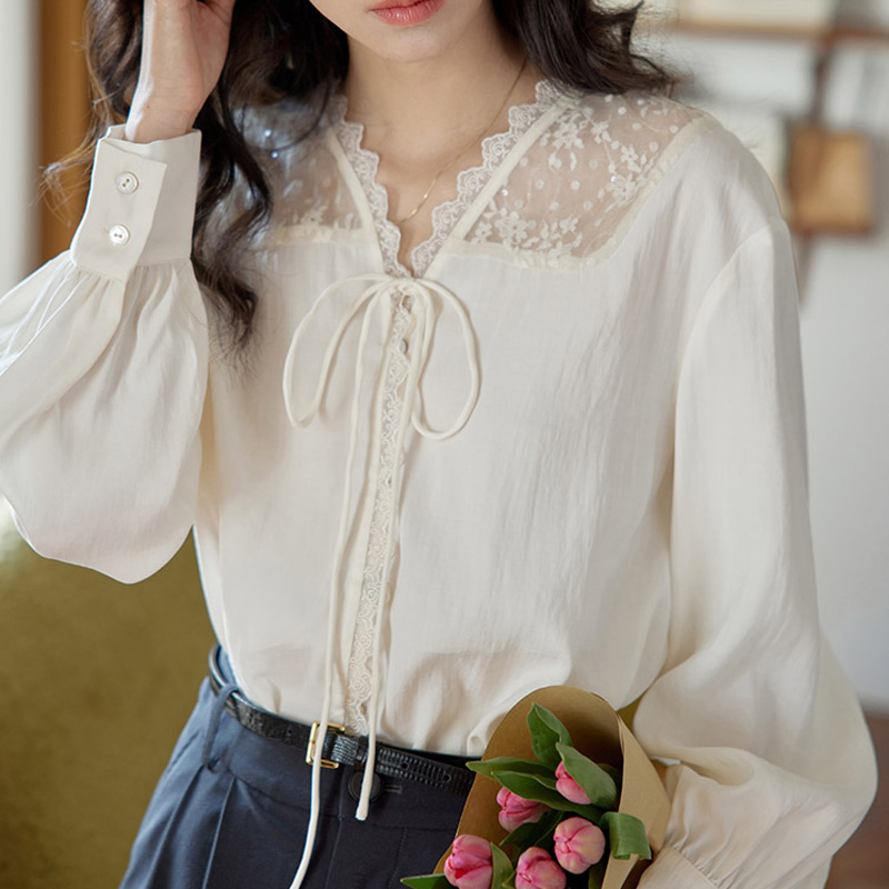 긴 소매 셔츠 여성 새틴 스탠드 칼라 편안한 핏 주름  - Women Formal Wear Korean 리뷰 및 가격