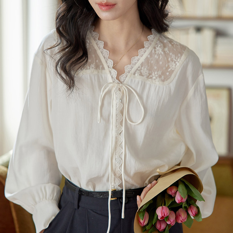 긴 소매 셔츠 여성 새틴 스탠드 칼라 편안한 핏 주름  - Women Formal Wear Korean 리뷰 및 가격