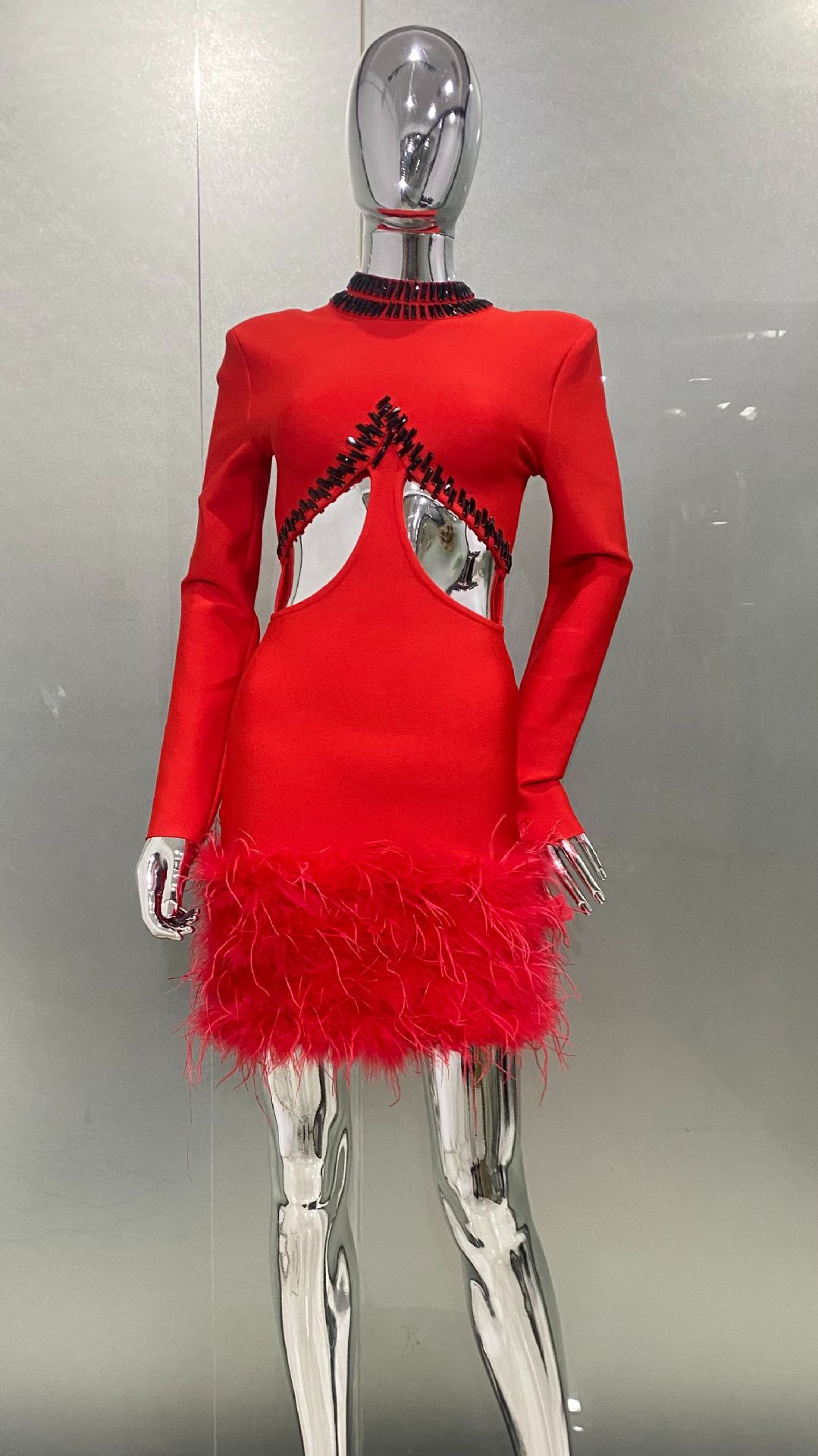 2026 럭셔리 타조털 글램 홀로우 레드 밴디지 드레스 - Women'S Formal Dinner Wear 리뷰 및 가격