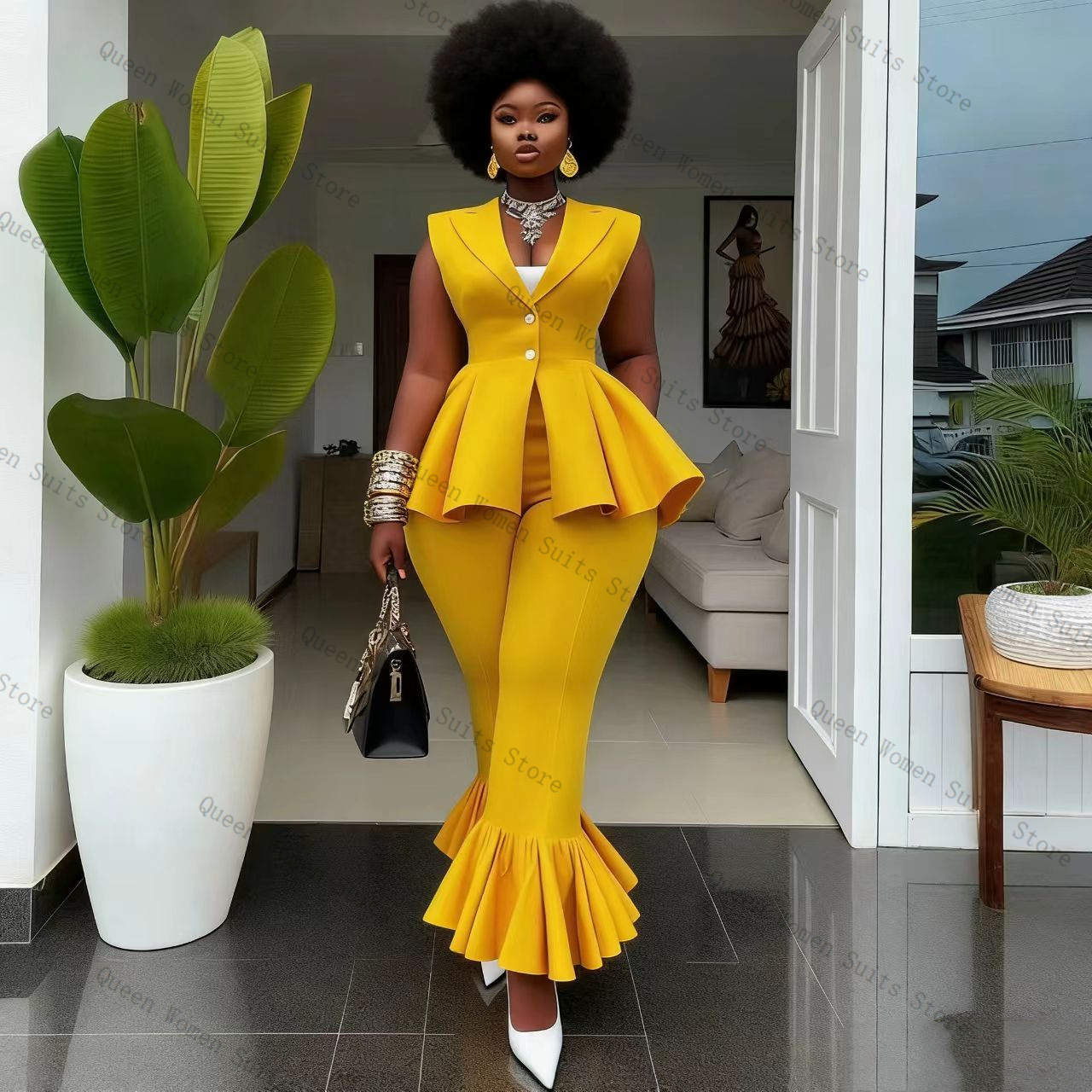 노란색 여성 정장 바지 세트 2피스 조끼+바지 코튼 프 - Yellow Formal Wear Women 리뷰 및 가격
