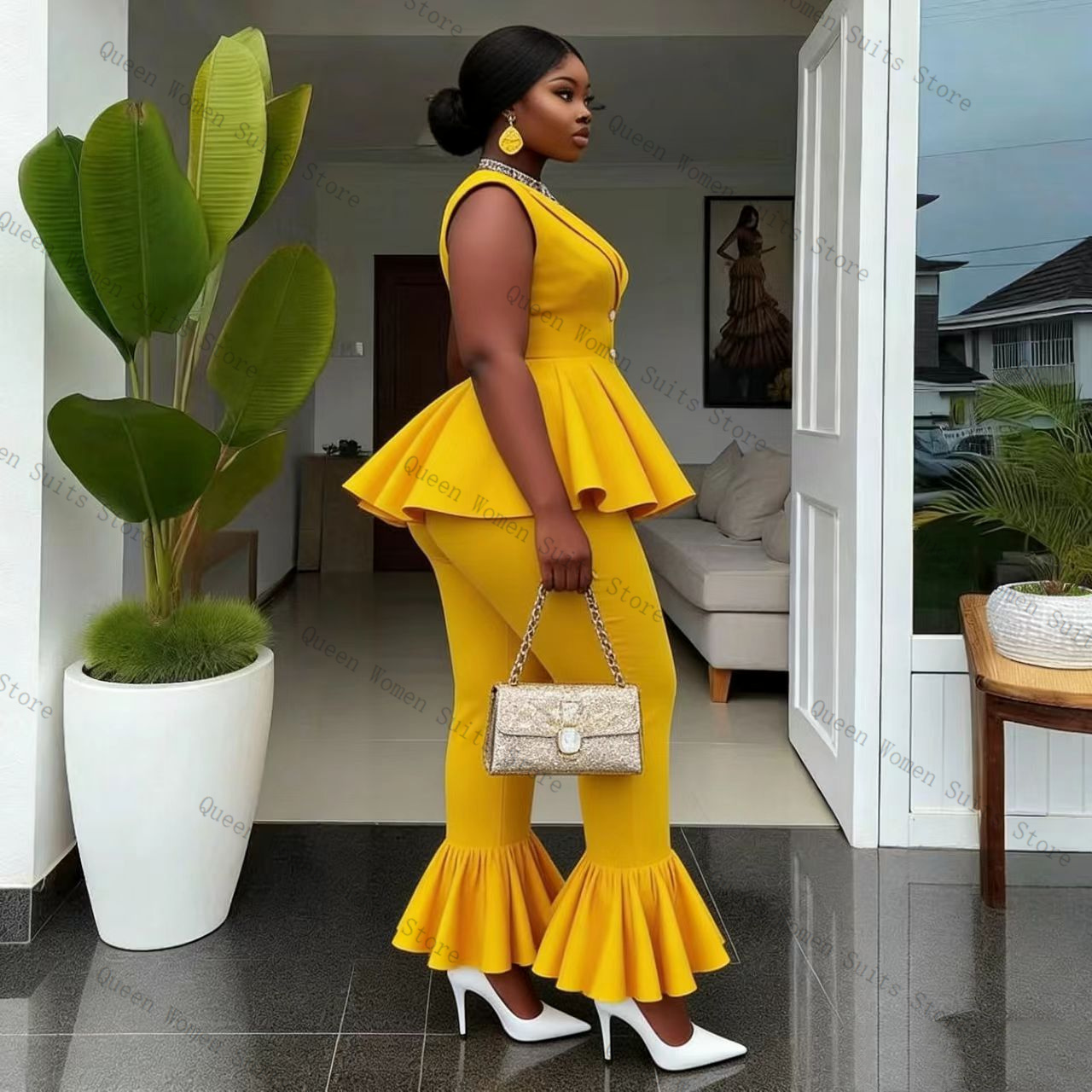 노란색 여성 정장 바지 세트 2피스 조끼+바지 코튼 프 - Yellow Formal Wear Women 리뷰 및 가격
