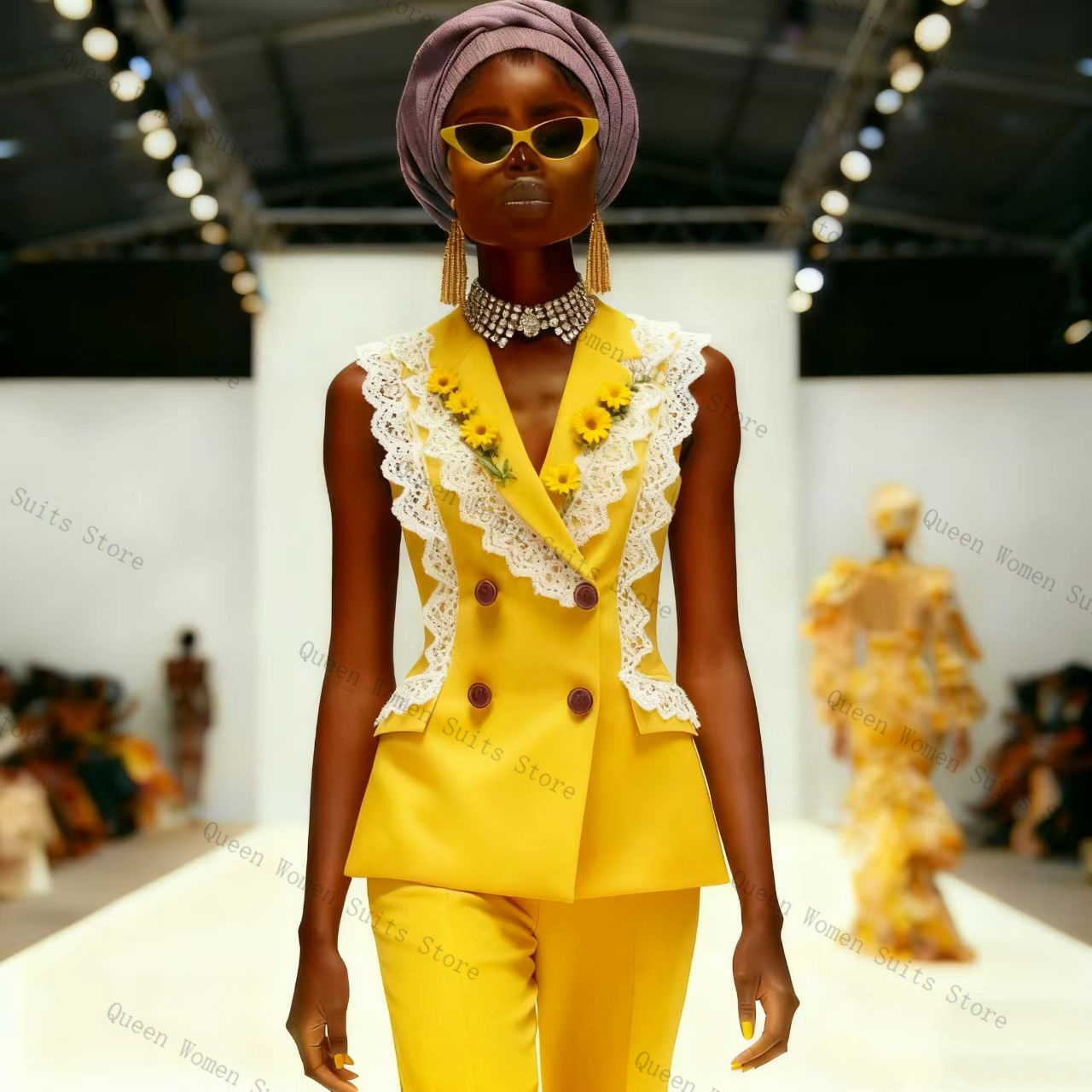 노란색 흰색 레이스 여성 정장 바지 세트 2피스 조끼+ - Yellow Formal Wear Women 리뷰 및 가격