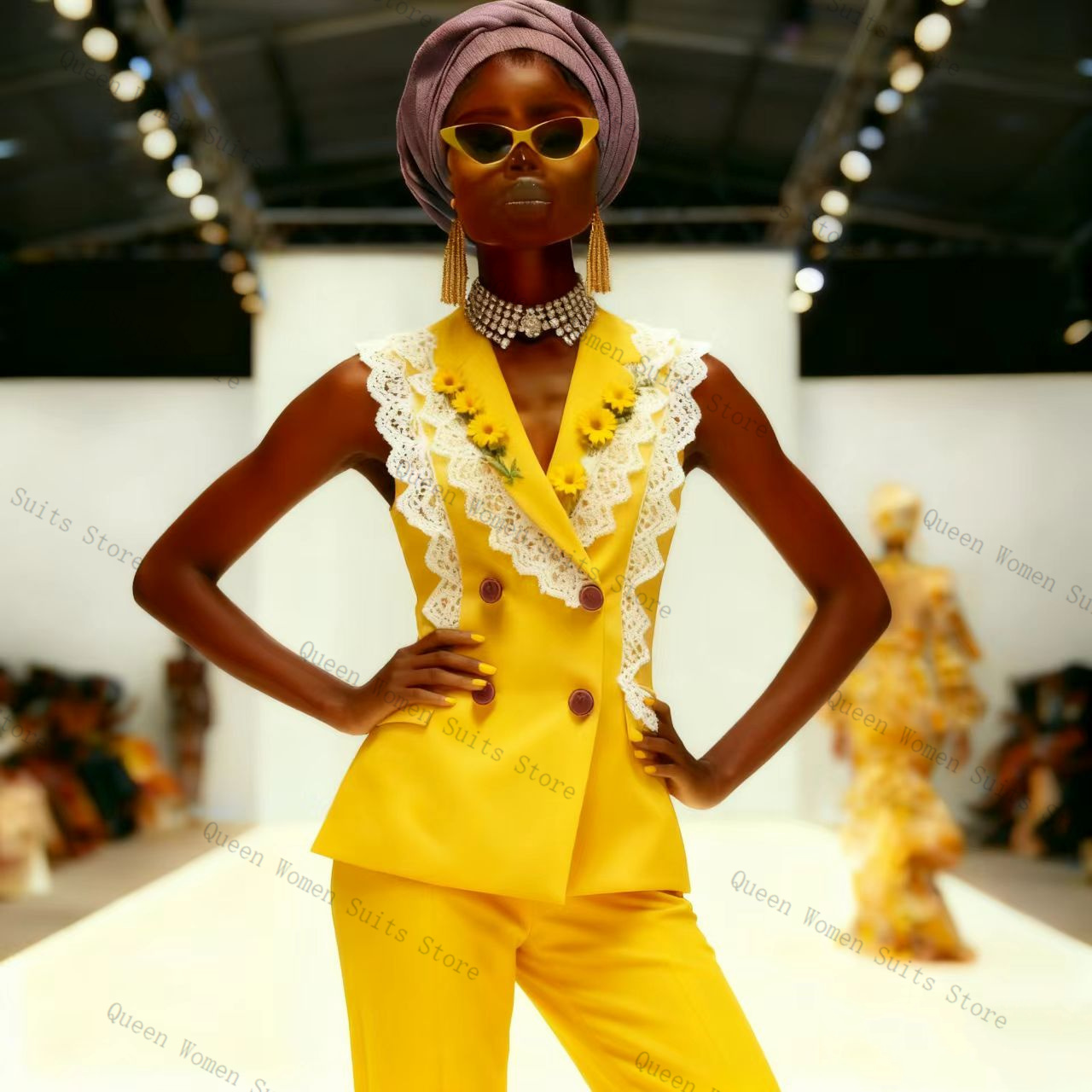 노란색 흰색 레이스 여성 정장 바지 세트 2피스 조끼+ - Yellow Formal Wear Women 리뷰 및 가격