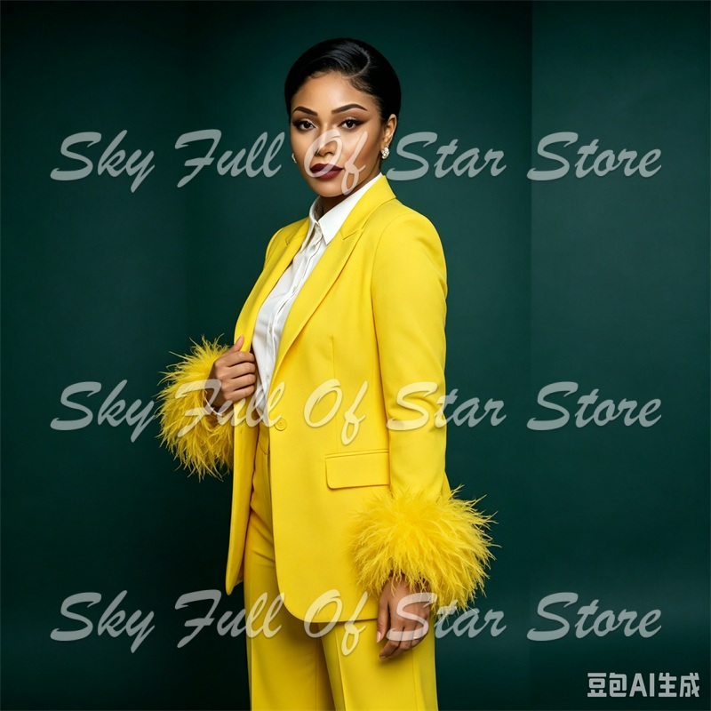 밝은 노란색 깃털 커프스 여성 정장 세트 2피스 싱글  - Yellow Formal Wear Women 리뷰 및 가격