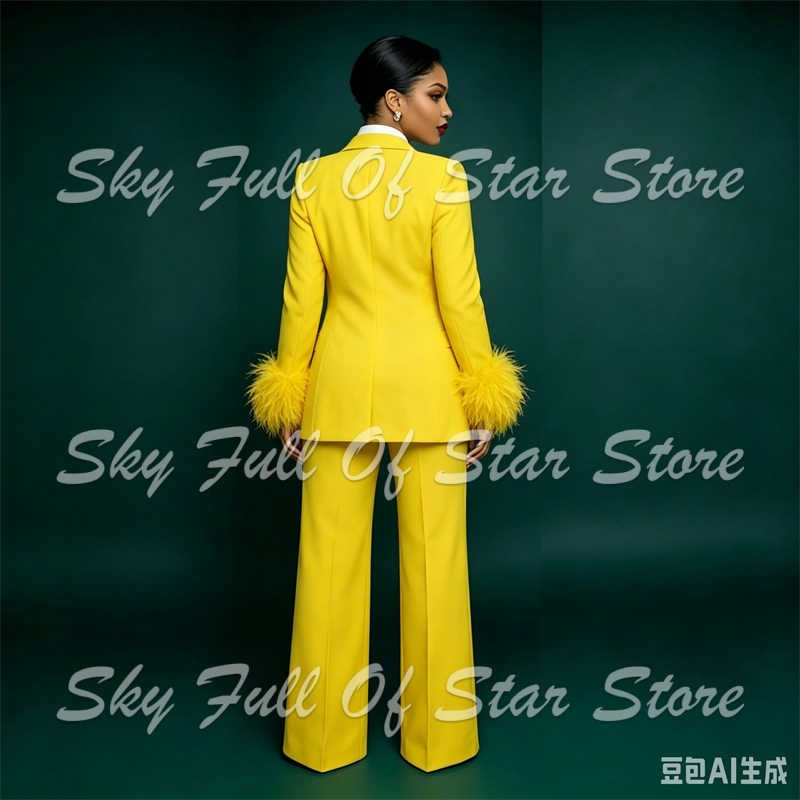 밝은 노란색 깃털 커프스 여성 정장 세트 2피스 싱글  - Yellow Formal Wear Women 리뷰 및 가격
