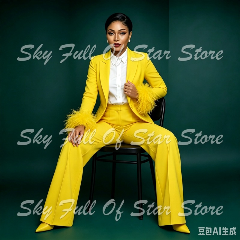 밝은 노란색 깃털 커프스 여성 정장 세트 2피스 싱글  - Yellow Formal Wear Women 리뷰 및 가격
