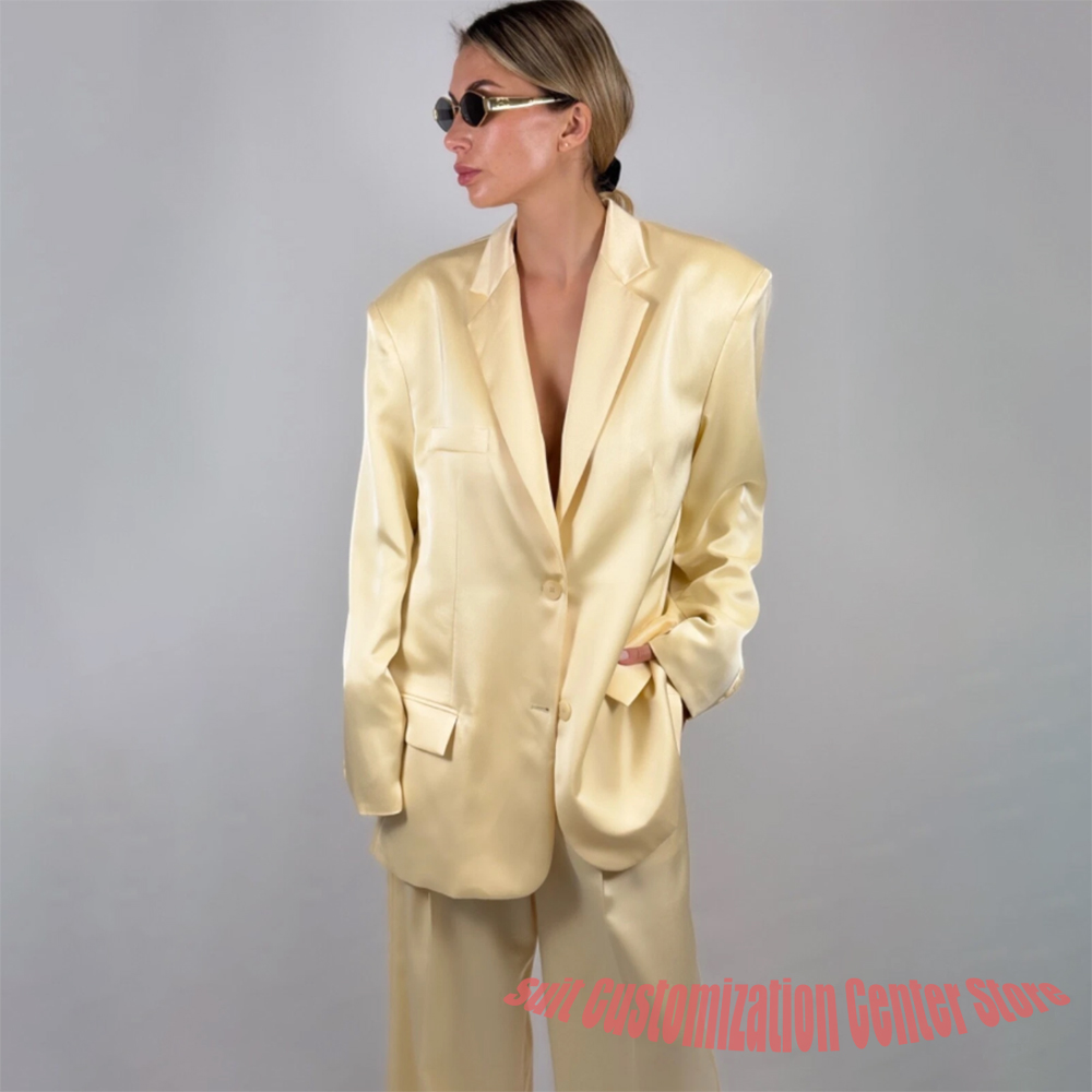 캐주얼 여성용 노란색 새틴 팬츠 세트, 싱글 브레스티드 - Yellow Formal Wear Women 리뷰 및 가격