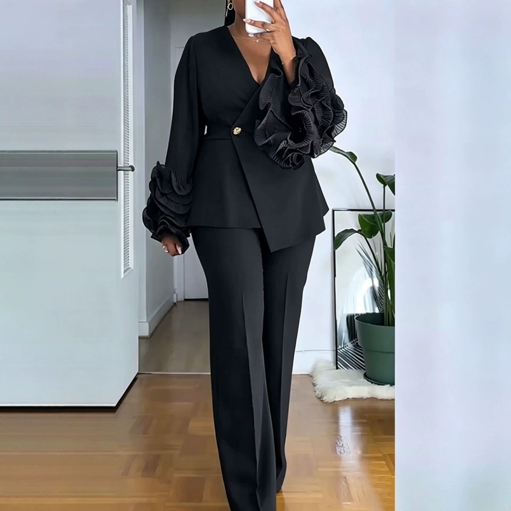 여성용 2피스 팬츠 슈트 딥-V 러플 긴소매 블레이저  - Women Formal Wear Set 리뷰 및 가격