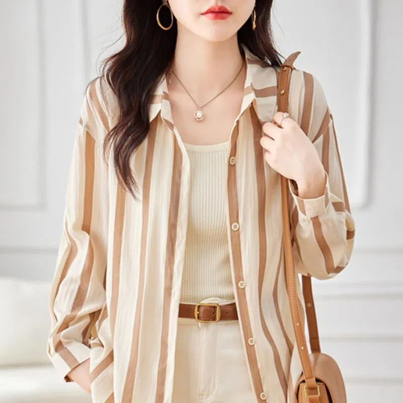 여성용 살구색 스트라이프 긴팔 셔츠, 고급 용수철 착용 - Women Formal Wear Shirts 리뷰 및 가격