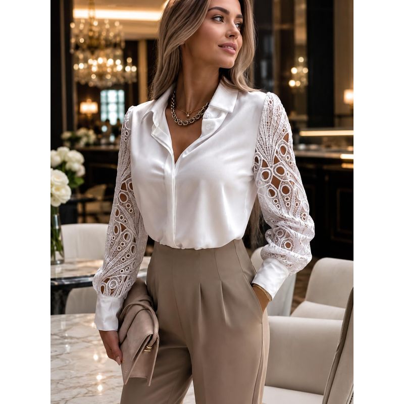 여성용 버튼다운 새틴 블라우스, 속이 비치는 레이스 긴 - Women Formal Wear For Meeting 리뷰 및 가격
